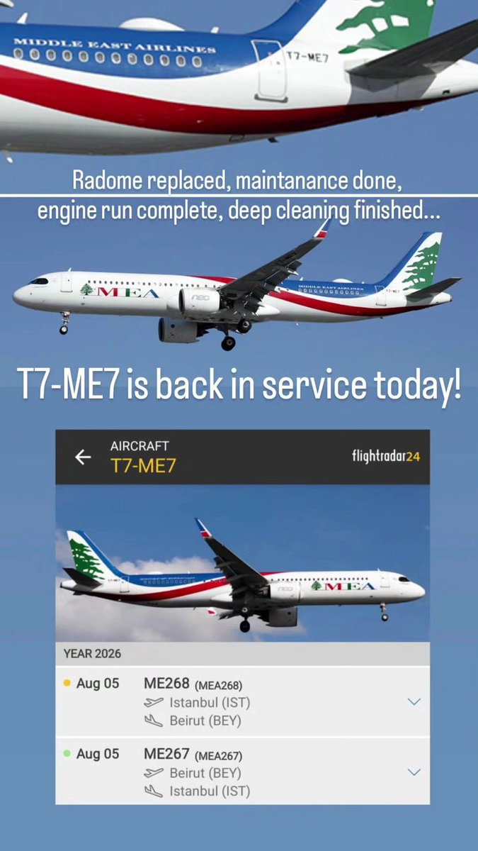 LebanonJets's tweet photo. Less than 30 hours after #T7ME7's #birdstrike while departing #Beirut the A321neo's radome has been replaced, engine test-run done, deep cleaning completed & back in service in a bit... also to Istanbul https://t.co/84oWtYEuMf