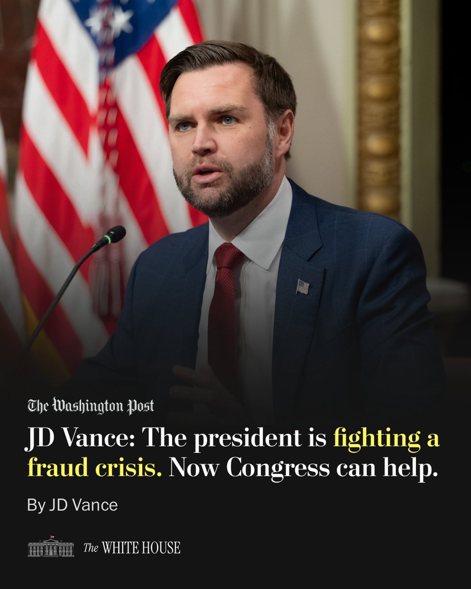 WhiteHouse's tweet photo. MUST READ: @VP JD Vance highlights the Trump Administration's historic effort to crush fraud around the country. Every dollar stolen by a criminal is a dollar that fails to reach the Americans who need it, and this administration won't put up with it any longer.

Don't miss the Fraud Task Force roundtable today at 10 A.M. EST.