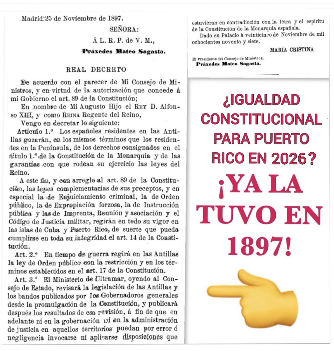 manurugama's tweet photo. @rcoxalomar @ElNuevoDia Puerto Rico NO era una colonia de España.
Puerto Rico era España.
Una provincia autónoma con plena igualdad constitucional cuyos habitantes votaban en las elecciones generales españolas eligiendo a sus Diputados y Senadores con voz y voto en el Congreso y el Senado de la nación. https://t.co/0yF5ebfCyp