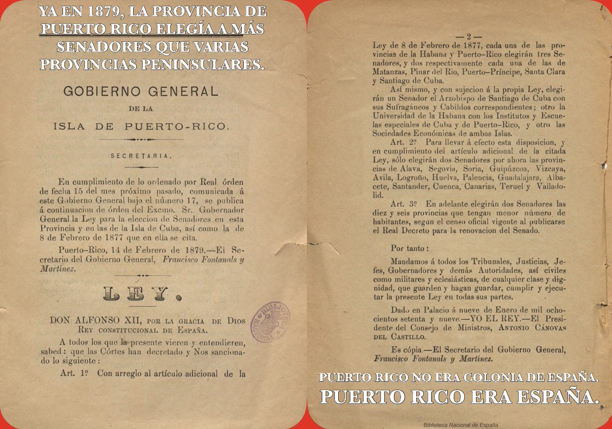 manurugama's tweet photo. @rcoxalomar @ElNuevoDia Puerto Rico NO era una colonia de España.
Puerto Rico era España.
Una provincia autónoma con plena igualdad constitucional cuyos habitantes votaban en las elecciones generales españolas eligiendo a sus Diputados y Senadores con voz y voto en el Congreso y el Senado de la nación. https://t.co/0yF5ebfCyp