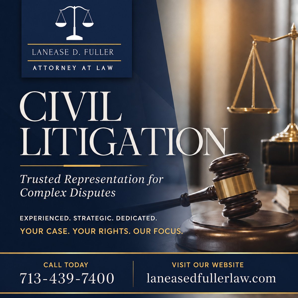 Attorney_Fuller's tweet photo. Lanease D Fuller Law is a Houston-based law firm specializing in civil litigation. With extensive experience representing clients in various civil disputes, we are dedicated to achieving favorable outcomes.

https://t.co/aMTz3KmapA

#CivilLitigation #HoustonAttorney https://t.co/2SMkKHTX3M