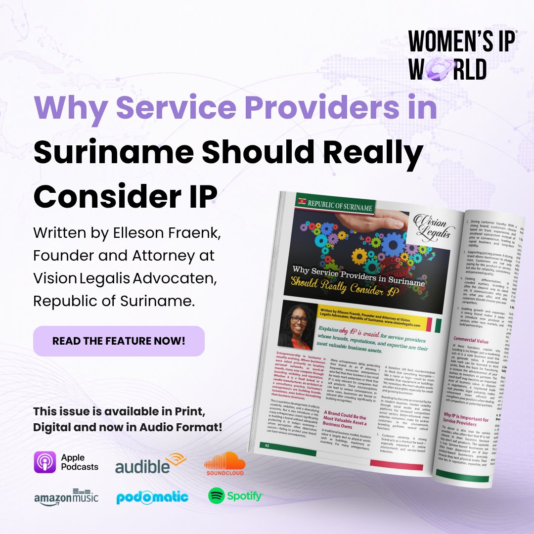 IP_Matrix's tweet photo. Why IP Matters for Service Providers in Suriname

In The @WomensIPWorld1 2026, Elleson Fraenk, Founder &amp; Attorney of Vision Legalis Advocaten, explains why IP is essential for protecting brands &amp; business growth in today's service economy.

Blog: https://t.co/rbEf5JkT5j

#IPLaw https://t.co/5D1QEcFYYp