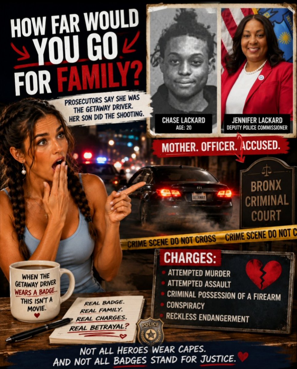 Serenitee_Sam's tweet photo. The getaway driver wasn't a gang member... prosecutors say it was a deputy police commissioner.

Authorities allege Jennifer Lackard, a deputy police commissioner with the Mount Vernon Police Department, waited outside the Bronx Criminal Court while her 20-year-old son, Chase Lackard, opened fire at a group of rivals. Prosecutors say he then jumped into her car, and she drove him away.

Both now face attempted murder, attempted assault, criminal possession of a firearm, conspiracy, and reckless endangerment charges.

If proven, this may be one of the most shocking alleged betrayals of the badge in recent memory.