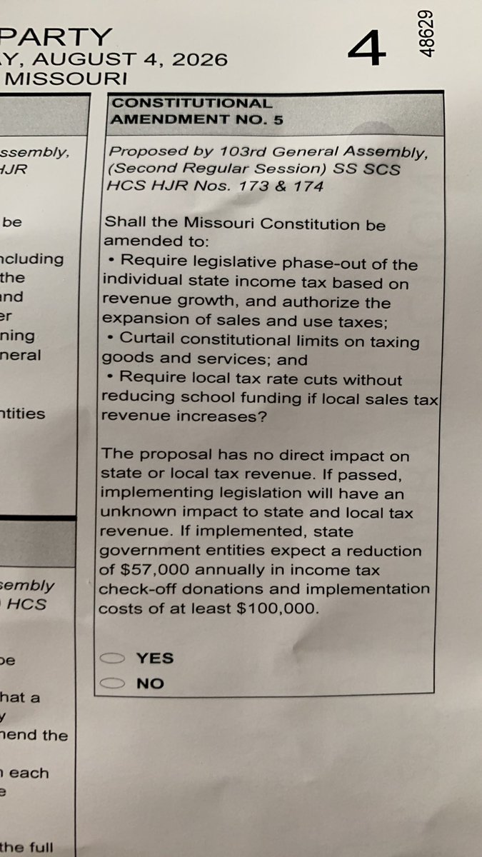 pegzasous's tweet photo. @aaronbean37 @OwenShroyer1776 Sample ballot reading for Missouri proposed amendment. It was voted down. https://t.co/EcJqnskYYQ