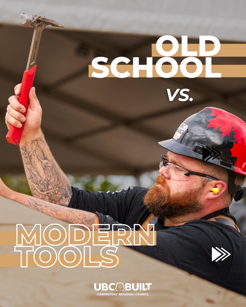 ubcja_crc's tweet photo. The hammer requires rhythm, strength, and precision. 
The nail gun fires nails in rapid succession, saving time and energy, securing framing, and keeping projects moving quickly.
Which do you prefer, the hammer or the nail gun?
#UBCBuilt #SkilledTrades https://t.co/0WTQStBKwu