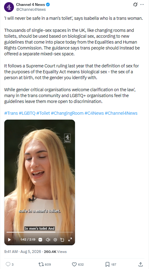 JenKteach's tweet photo. Comments turned off - so I won't reward them with more traction.. so here is a screenshot of Channel 4's post; with some chap in a dress, saying how he doesn't want to use the men's toilet... because he thinks he has magical feelings that override the safety and dignity of all women and girls.... guess what Dave... you don't and men don't care about you using the gents... because like them you are a man!!