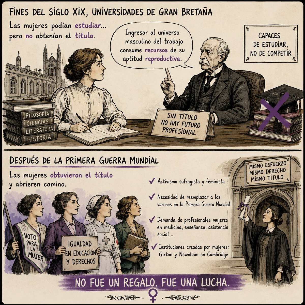 RoxanaKreimer's tweet photo. En sectores críticos del feminismo, se divulga la idea errónea de que el feminismo nunca logró ampliar derechos para las mujeres. Esto es falso, y propio de un pensamiento tribal. Una cosa es afirmar que no todo derecho para las mujeres fue conquistado por el feminismo, y otra muy distinta negar que en el pasado haya tenido alguna utilidad. Veamos un ejemplo poco conocido. 
A fines del siglo XIX, las mujeres podían estudiar en las universidades de Gran Bretaña, pero les impedían obtener el título al egresar. ¿Cómo lo fundamentaban? Declarando que su formación intelectual podía enriquecer su rol de madre, pero que ingresar al universo masculino del trabajo consumía recursos de su aptitud reproductiva. Recién después de la Primera Guerra Mundial las mujeres que terminaban la universidad pudieron obtener un título habilitante, y esto ocurrió por diversas razones: el activismo del movimiento sufragista y feminista, la necesidad de reemplazar a los varones en los puestos de trabajo durante la Primera Guerra Mundial, la demanda de profesionales mujeres en algunas áreas como medicina, enseñanza y asistencia social, áreas en las que se consideraba inapropiado que un hombre atendiera a mujeres, y el hecho de que las propias mujeres crearan instituciones educativas como Girton y Newham en Cambridge.
Negar que las mujeres conquistaron derechos no es revisar la historia: es hacerle bullying al pasado hasta que coincida con la tribu.