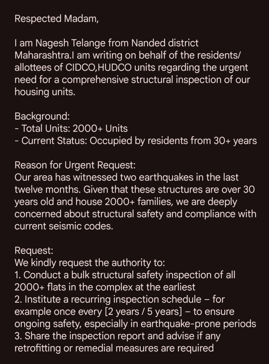balnags's tweet photo. Dear @collectornanded 
cc: @HD_GoM_ @MoHUA_India
Wrote request (attached in screenshot for safety of #Nanded residence)below request with grievance number: PRSEC/E/2026/0057652 . Request you to take action on priority. https://t.co/G0JNIVvfe8