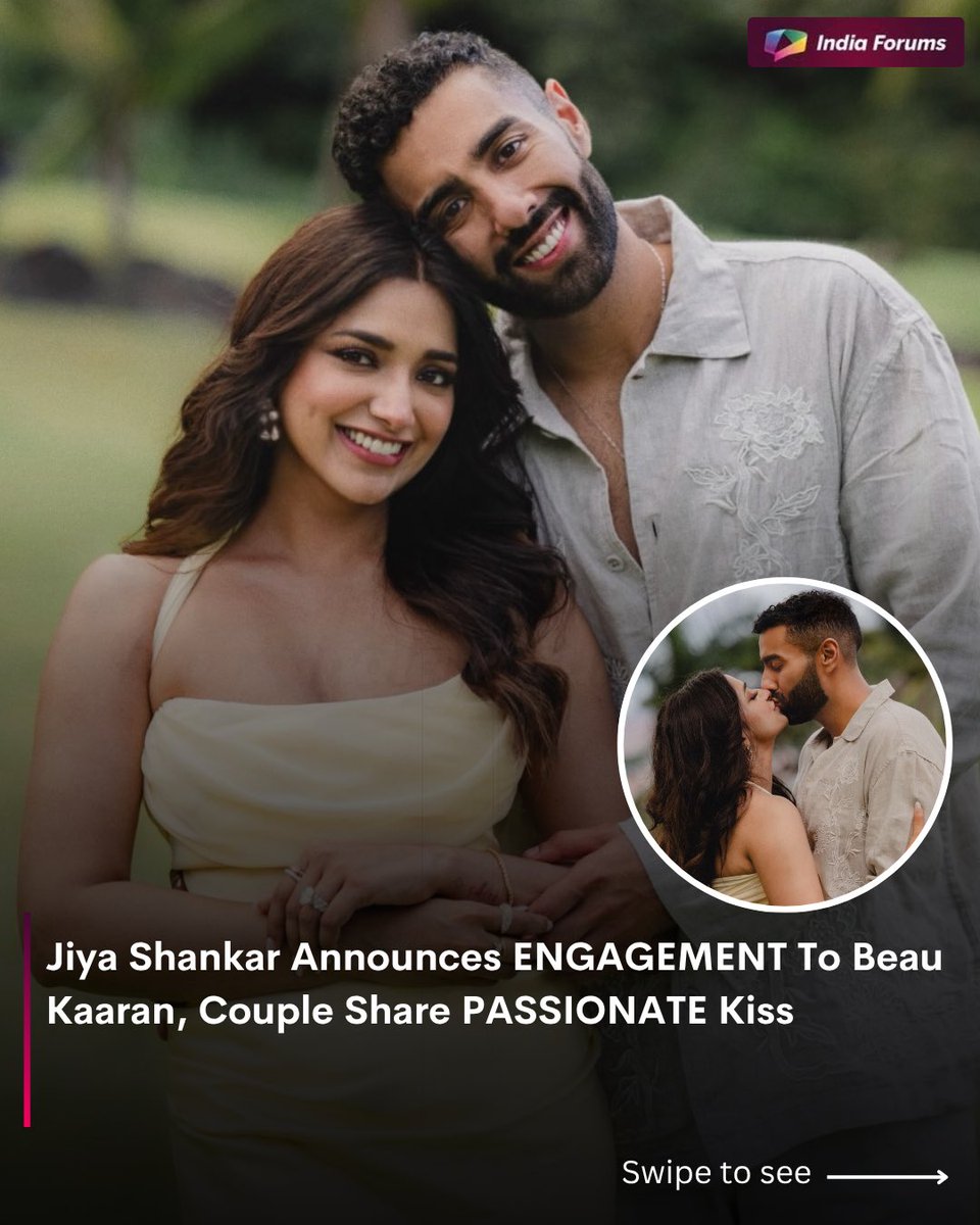 indiaforums's tweet photo. Jiya Shankar is officially engaged! The actress announced her engagement to beau Kaaran with a series of dreamy pictures, giving fans a glimpse of the special moment. From heartfelt smiles to a romantic kiss, the couple’s love filled every frame.
.
.
.
#JiyaShankar #Kaaran #Engagement #CelebrityCouple IndiaForums