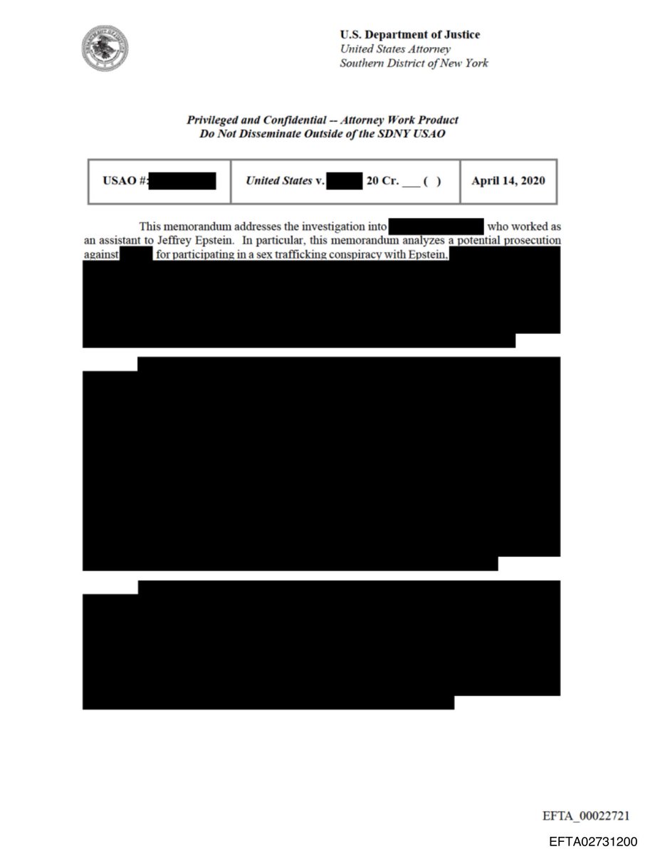 epsteinsearchin's tweet photo. Federal prosecutors wrote a memo about charging one of Jeffrey Epstein's assistants with sex trafficking conspiracy.

April 14, 2020. Stamped "Do Not Disseminate Outside of the SDNY USAO."

No Epstein assistant has ever been charged. https://t.co/jrc9FQUr5y