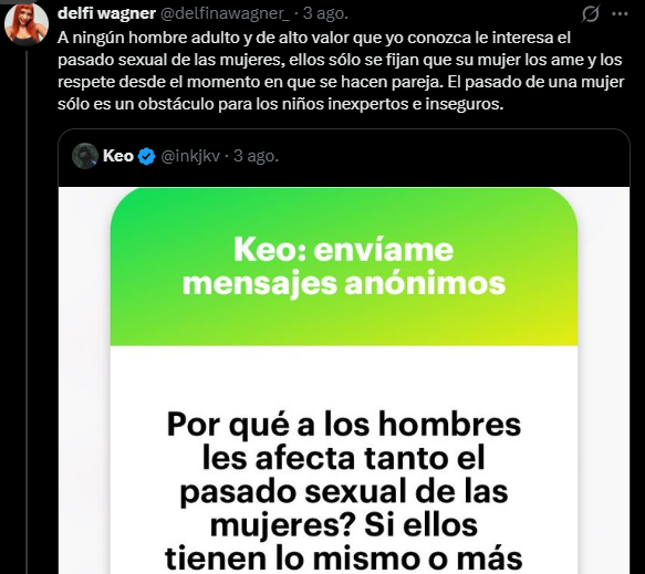 DonMonchin's tweet photo. Por que los hombres nos fijamos en el pasado sexual de nuestras parejas?

Tema Evolutivo: Los hombres que se sentían atraídos por mujeres exclusivas tenían mas certeza de aseguraban su paternidad y transmitir sus gustos, 
Los que se sentían atraídos por promiscuas podían terminar criando los hijos de otros.

Tema social: Estar con la que fue la puta de todos te baja el estatus como hombre, no tenes ningún merito mas que el pedazo de carne que ya usaron 25 pibes antes que vos.

Tema estabilidad: Las personas promiscuas tienen tendencias mas impulsivas y caóticas en sus vidas, hay estudios que muestran como + pasado sexual es = a + posibilidad de divorcio. 
Es preferible ahorrarse renegar.

Con respecto a lo que dice de "Ningún hombre de alto valor que yo conozca se fija en el pasado de las mujeres"

Si así fuera, ¿por que esta soltera y no de novia o juntada con uno de esos hombres de "alto valor" que dice conocer?

Por ejemplo Alfa que es un viejo medianamente con plata, un poco famosito, ¿no la uso un rato y después la descarto como a cualquier otra puta? 
¿Esos son los "hombres de valor" que conoce Delfina?

El final de esta mina es clarísimo, se muere soltera con resentimiento a los hombres por que la mitad de los hombres que le gustan se la quieren poner pero ninguno la quiere para nada serio y la otra mitad de hombres ni la registra por que estan formando una familia con una mina exclusiva.

O si tiene un poco de suerte encuentra un Simp que no la calienta y le aburre, pero se siente cómoda ahí y se queda con el.

No hay buen final para las putas, no importa cuanto la dibujen y te traten de inseguro, trolo, incel, o todas esas cosas que dicen para no aceptar que tienen mas kilómetros que el rio Nilo ida y vuelta.

Las putas mueren putas.

No te dejes psicopatear.