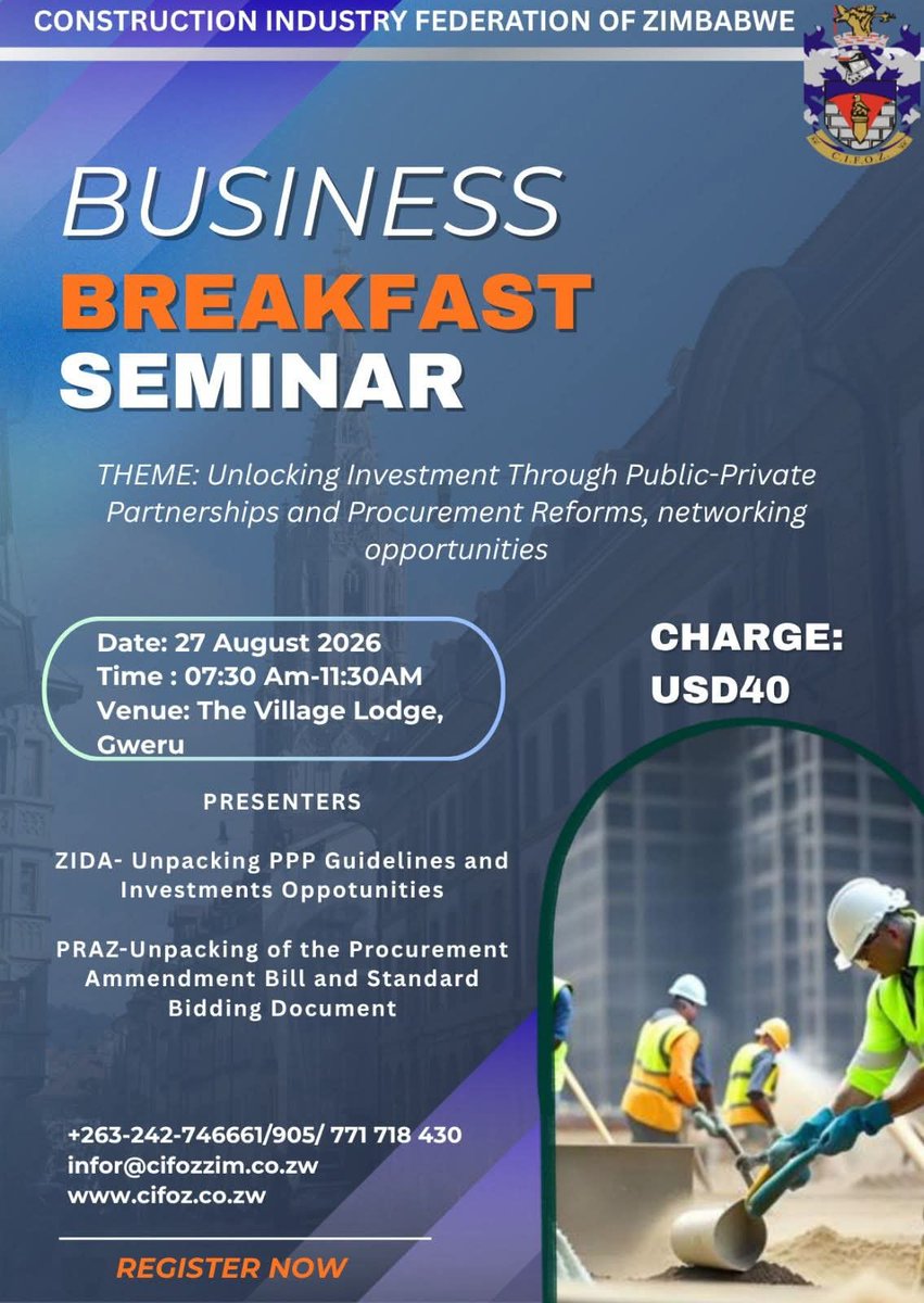 CIFOZZim's tweet photo. CIFOZ PRESENTS THE BUSINESS BREAKFAST SEMINAR-GWERU!!!☕

Join us for a morning of powerful insights,

27 August 2026
⏰ 07:30 AM – 11:30 AM
📍 The Village Lodge, Gweru

📞 +263 771 718 430 | +263 242 746661/905
📧 infor@cifozzim.co.zw

#CIFOZ #BusinessBreakfastSeminar https://t.co/h8EUrSXFFp