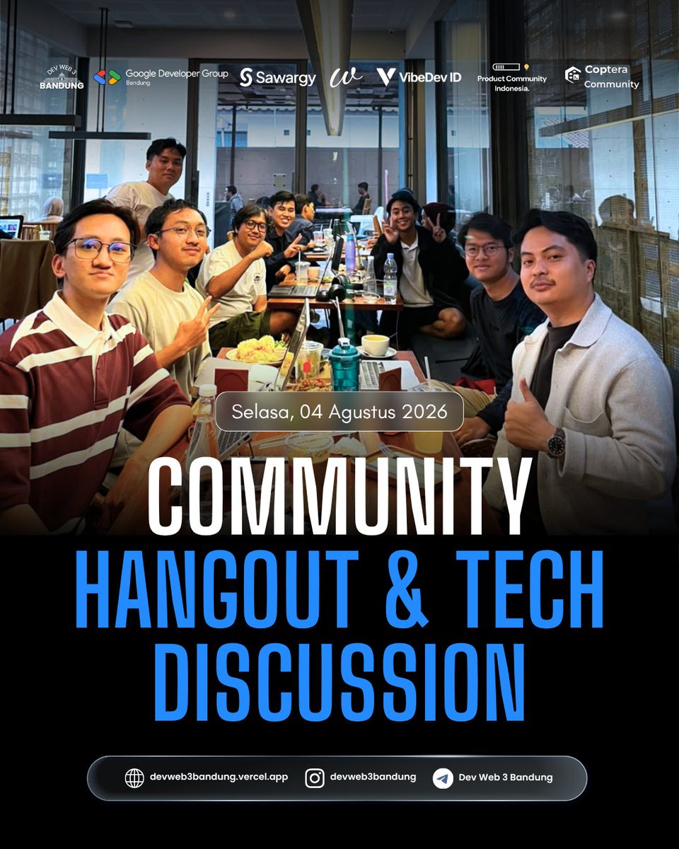 devweb3bandung's tweet photo. Kami kumpul lagi 🤗

Setelah 1 Minggu jeda kerja dari caffe kita berkumpul lagi dengan cerita-cerita baru tentunya, saling sharing pengalaman dan informasi yang A1....

Buat kalian yang mau join bisa langsung ke tempat aja kalo ada postingan WFC, see u next WFC 🚀 https://t.co/z4uwj9zAJ1