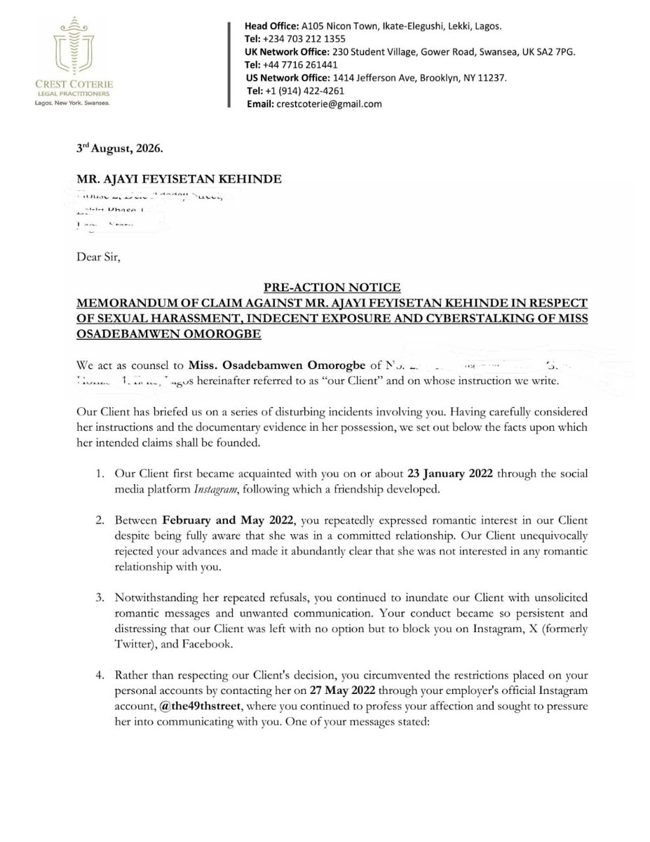 westtrybe's tweet photo. A Lagos-based lady has allegedly initiated legal proceedings against one Feyisetan Ajayi, a former employee of famed talent and entertainment management company, Chocolate City, she had connected with online, over what she  describes as a sustained, two-year pattern of unwanted contact, harassment and cyberstalking, culminating in an alleged act of indecent exposure.