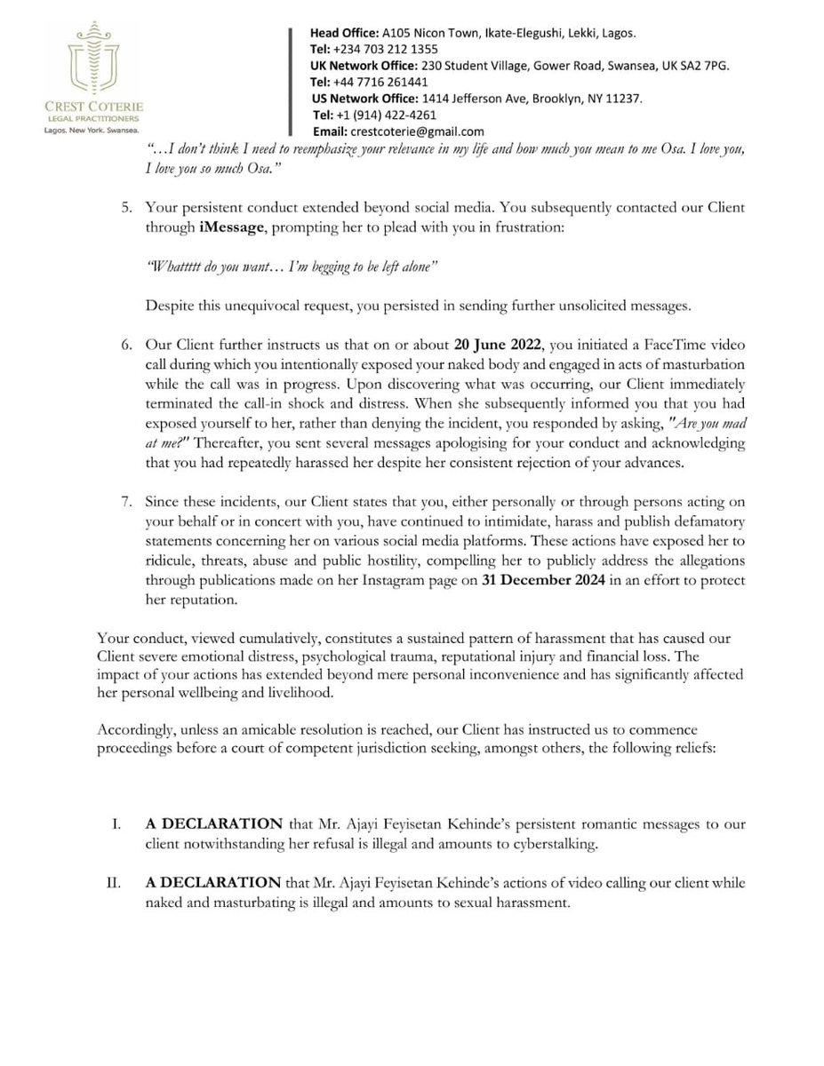 westtrybe's tweet photo. A Lagos-based lady has allegedly initiated legal proceedings against one Feyisetan Ajayi, a former employee of famed talent and entertainment management company, Chocolate City, she had connected with online, over what she  describes as a sustained, two-year pattern of unwanted contact, harassment and cyberstalking, culminating in an alleged act of indecent exposure.