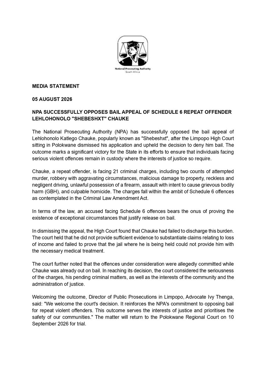 NPA_Prosecutes's tweet photo. NPA Successfully Opposes Bail Appeal of Schedule 6 Repeat Offender Lehlohonolo “Shebeshxt” Chauke https://t.co/qLxPtwcmSA