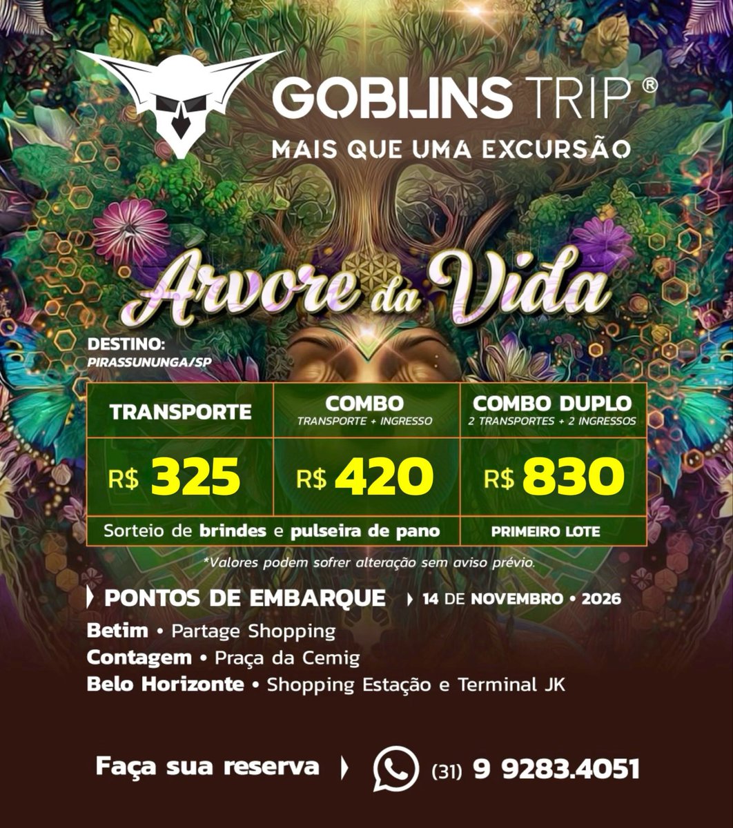 goblinstrip's tweet photo. 🌳 Excursão Goblins Trip ÁRVORE DA VIDA 2026 - BH/Contagem/Betim

🌳 Indique amigos e ganhe descontos!
🌳 Vagas limitadas! Faça sua reserva!
🌳 Água e isotônico!
🌳 Transporte seguro, com ar condicionado, bancos reclináveis!

👇 Grupo da excursão 👇
https://t.co/B0J47M7Vf4 https://t.co/zbcehRWYSM
