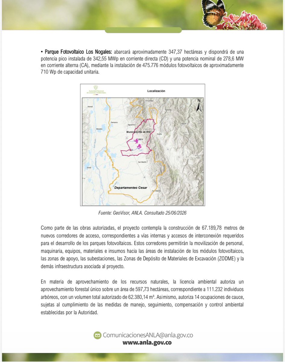 ANLA_Col's tweet photo. #ComunicadoDePrensa | La Autoridad Nacional de Licencias Ambientales otorga licencia ambiental al proyecto Parques Fotovoltaicos Turpiales y Los Nogales, ubicado en Río de Oro (Cesar).

Conoce más información aquí 🧵👇 https://t.co/G7kC6HEK7n