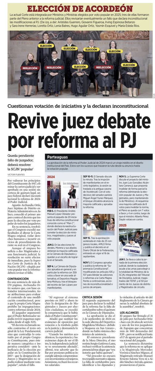 JoseMarioMX's tweet photo. Durante meses se repitió que la reforma judicial ya era un capítulo cerrado. Hoy un juez federal dijo algo muy distinto: concedió un amparo al considerar que la reforma de 2024 no sólo cambió la forma de elegir jueces, sino que pudo haber rebasado los límites del propio poder que la aprobó. No anuló toda la reforma, pero volvió a poner sobre la mesa una pregunta que parecía prohibida: ¿existen límites para reformar la Constitución?

La sentencia sostiene que la independencia judicial no es un privilegio de jueces y magistrados, sino una garantía de todos. También cuestiona la forma en que se aprobó la reforma y abre un debate de enorme calado: si una mayoría puede modificar la Constitución, ¿también puede impedir que alguien revise si esa modificación respetó las reglas y los derechos fundamentales?

Lo más delicado viene ahora. Quienes llegaron a la Suprema Corte gracias al nuevo modelo serán, muy probablemente, quienes decidan si ese mismo modelo fue constitucional. Ese es el tamaño del debate: ya no se trata sólo de la reforma judicial. Se trata de definir quién pone límites al poder cuando el propio poder sostiene que ya no debe tener ninguno.