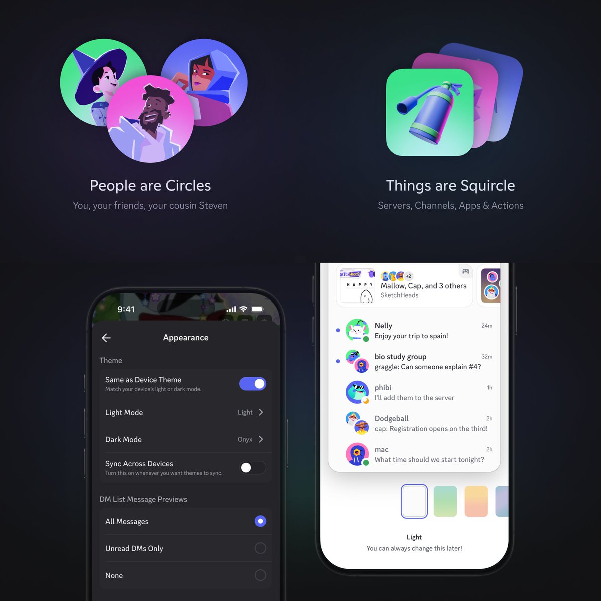zachbussey's tweet photo. Discord has changed the mobile UI so that People are Circles and Things are Squircles (rounded squares).

They've also added new appearance customization options. https://t.co/GiiNW1xIjI