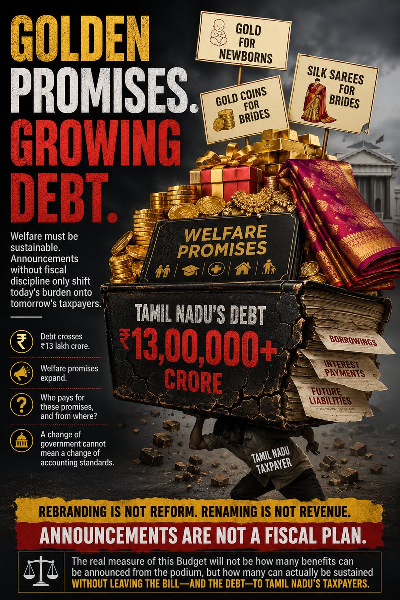 RDS_Bharath's tweet photo. Tamil Nadu’s debt has reportedly crossed the ₹13 lakh crore mark, yet the Budget arrives with a generous parade of welfare promises - from gold for newborns to gold coins and silk sarees for brides.

There is nothing wrong with welfare. But when the State’s finances are already under strain, the question cannot be avoided: who pays for this expanding catalogue of promises, and from where?

And wasn’t the previous administration criticised for giving old schemes new labels and presenting Central initiatives with a different political wrapper? If that was questionable then, why should the same practice become acceptable now?

A change of government cannot mean a change of accounting standards.

Rebranding is not reform. Renaming is not revenue. And announcements are not a fiscal plan.

The real measure of this Budget will not be how many benefits can be announced from the podium, but how many can actually be sustained without leaving the bill—and the debt—to Tamil Nadu’s taxpayers.

#TamilNaduBudget #TamilNadu #FiscalResponsibility #PublicFinance #TaxpayerFirst #DebtMatters #Budget2026 #EconomicPolicy #GoodGovernance #Accountability #TransparentGovernance #SustainableDevelopment #FinancialDiscipline #GovernanceMatters #IndiaPolitics #Bharat #PublicPolicy #ReformNotRebranding #ResponsibleGovernance #BudgetDebate