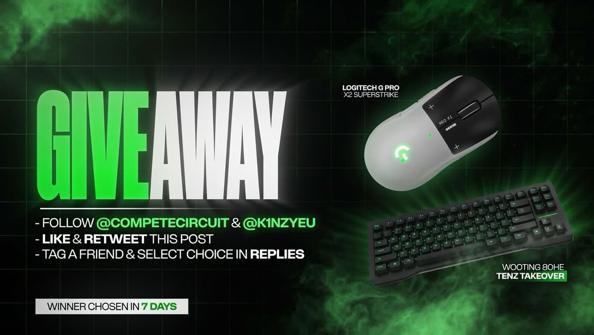 CompeteCircuit's tweet photo. COMPETE CIRCUIT GIVEAWAY!

The winner will receive their choice of the PRO X2 SUPERSTRIKE or the Wooting 80HE keyboard.

To Enter:
- Follow @CompeteCircuit + @K1nzyEU &amp; @JarrvyEU 
- Like &amp; Retweet This Post
- Tag 2 Friends &amp; Comment Your Choice

Winner Chosen in 7 Days! https://t.co/idmpFoUBIf