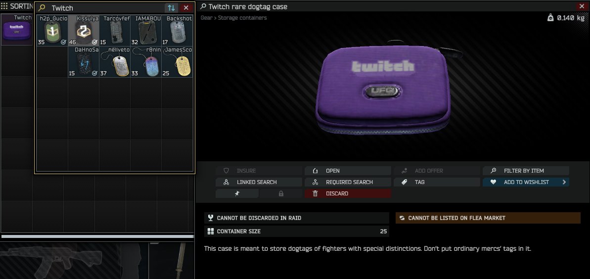 VeryBadSCAVR's tweet photo. The sub drop rewards are unique some buffed, some nerfed version of original

1. Loui Peeton wallet - 3x3 but can't put in roubles.
2. Twitch rare dogtag case - 5x5 but no standard dogtag
3. Hot rod beverage cooler bag - 7x7 only can store drinks (including ox bleach..) https://t.co/9iRXT81eBD