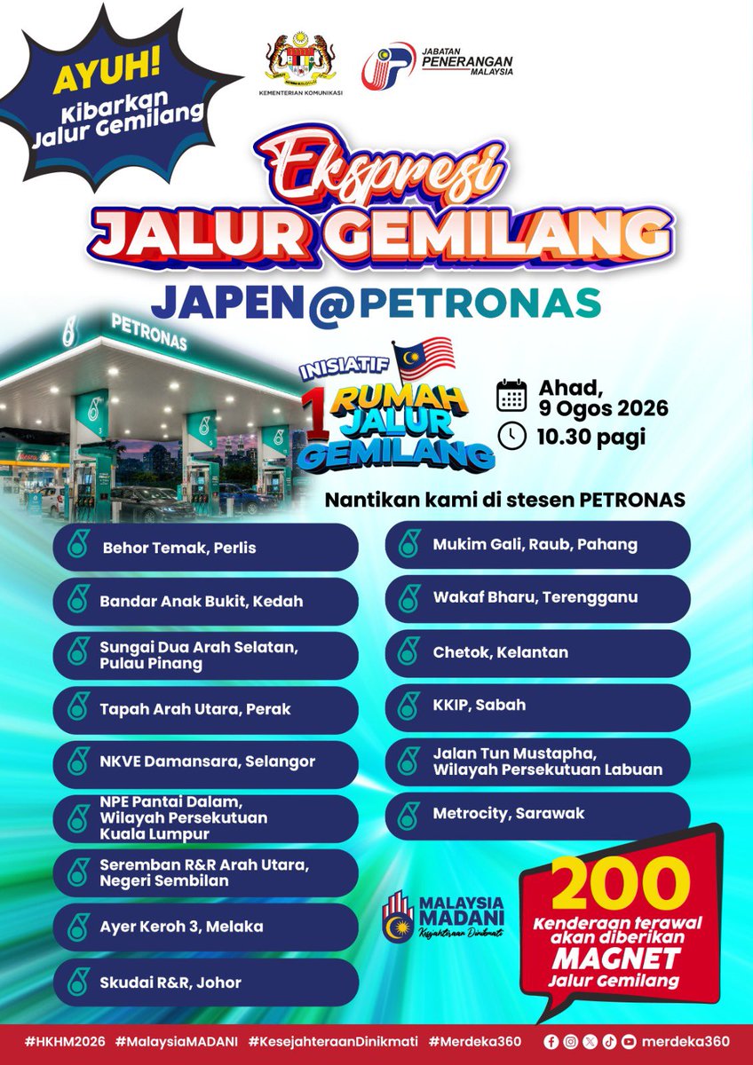 JPenerangan's tweet photo. Jangan lepaskan peluang untuk mendapatkan magnet Jalur Gemilang untuk kenderaan anda secara PERCUMA! 

Sempena Sambutan Hari Kebangsaan dan Hari Malaysia 2026, sebanyak 200 magnet Jalur Gemilang akan diberikan kepada pelanggan di stesen PETRONAS terpilih menerusi inisiatif 1R1JG. https://t.co/3ChbYIXsEi