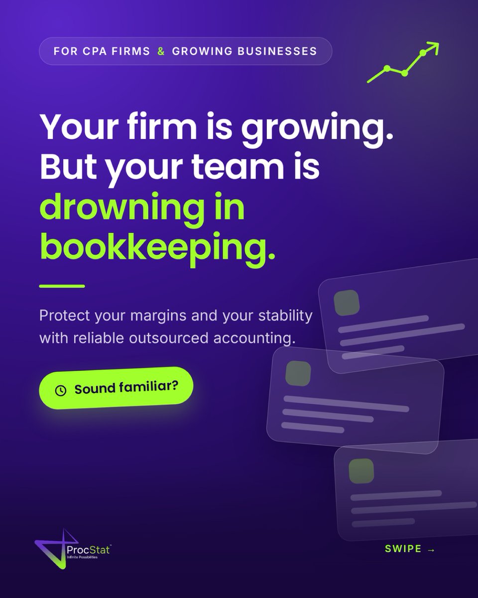 ProcStat_'s tweet photo. Is your CPA firm drowning in bookkeeping? Stop losing advisory hours to manual data entry! ProcStat provides expert outsourced accounting to help you scale without adding overhead. Visit https://t.co/XoTYU6O8R2!  

#CPAFirms #OutsourcedAccounting https://t.co/QmYVaqVpfI