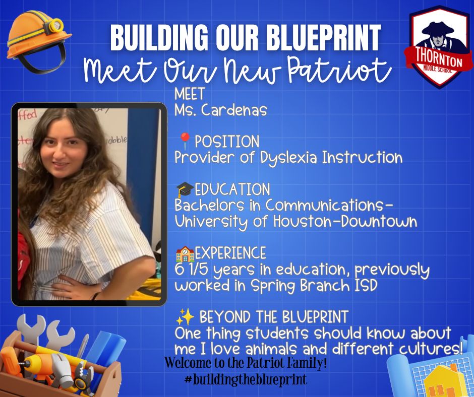 ThorntonCFISD's tweet photo. ❤️ BUILDING OUR BLUEPRINT 💙
Join us in welcoming Ms. Cardenas, our new Provider of Dyslexia Instruction, to the Patriot Family! 🏗️
#BuildingTheBlueprint #TMSPatriots #CFISD #ThorntonMiddleSchool https://t.co/uDjELUzM3o