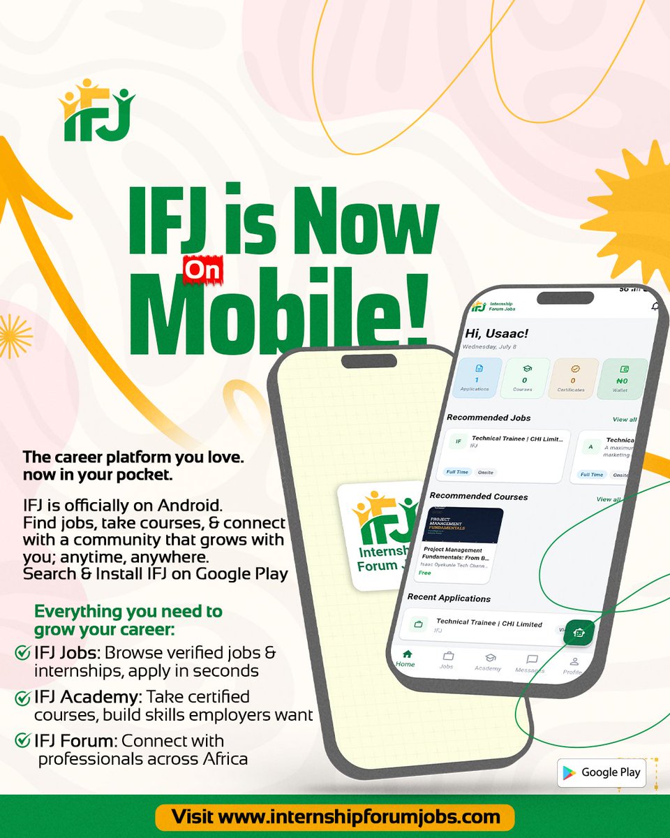 internship60831's tweet photo. IFJ ANDROID APP IS OFFICIALLY LIVE! 🎉

Download the IFJ App to find jobs, take courses, and connect with a community that grows with you, anytime, anywhere.

Download now: https://t.co/ISC5rd7mwM

📢 Join for future updates:
https://t.co/ZgyK9SDQnW

#IFJMobile  #CareerGrowth https://t.co/RWnzJRkYkb