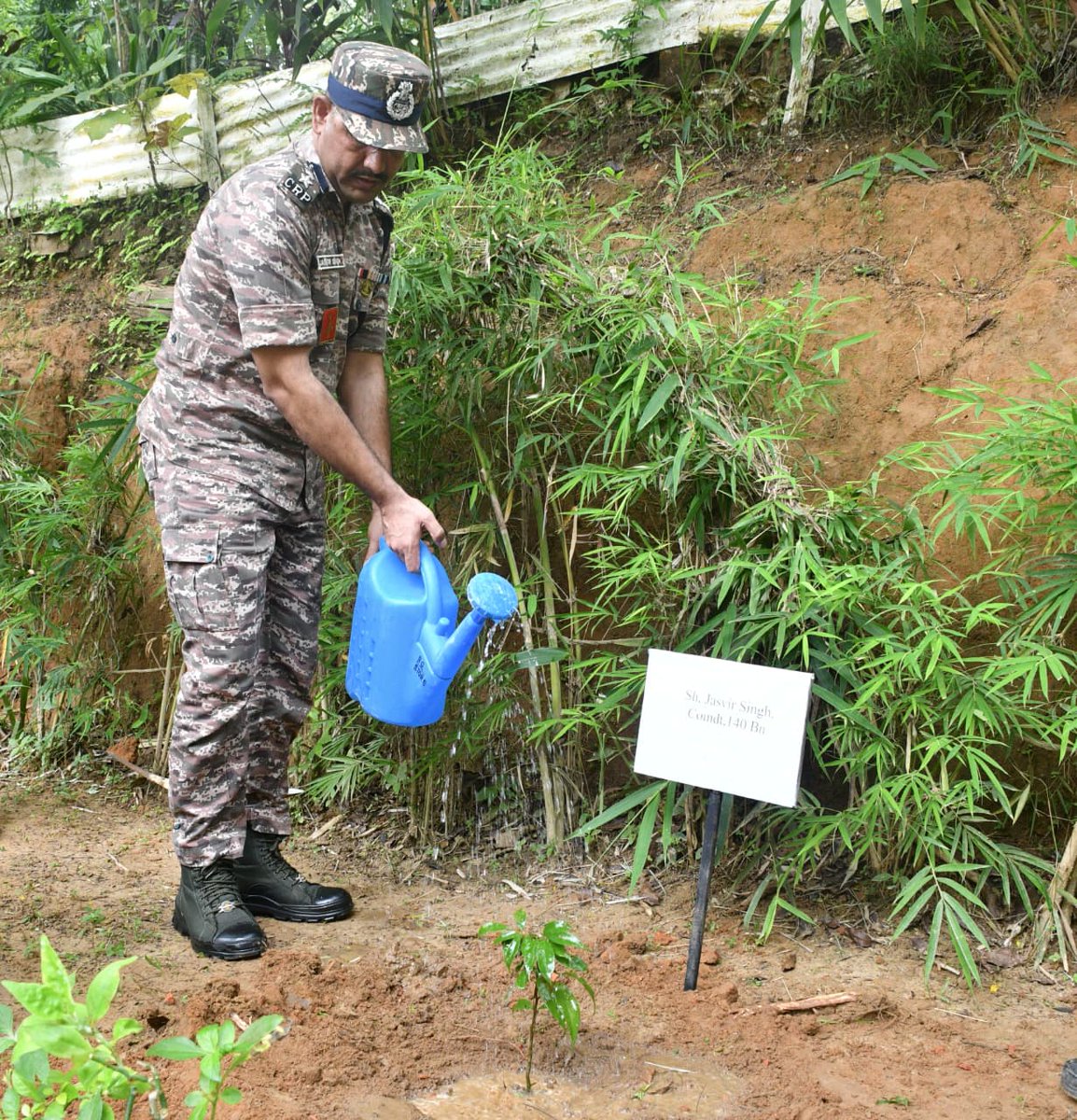 crpf140bn's tweet photo. As part of the nationwide Van Mahostav campaign, a tree plantation programme was organised at 140 BN CRPF Headquarters, Dhalai, Ambassa, Tripura. The event was led by Shri. Jasvir Singh Commandant, who planted saplings alongwith other officers and jawans of the Battalion. https://t.co/HhyoqZTSKP