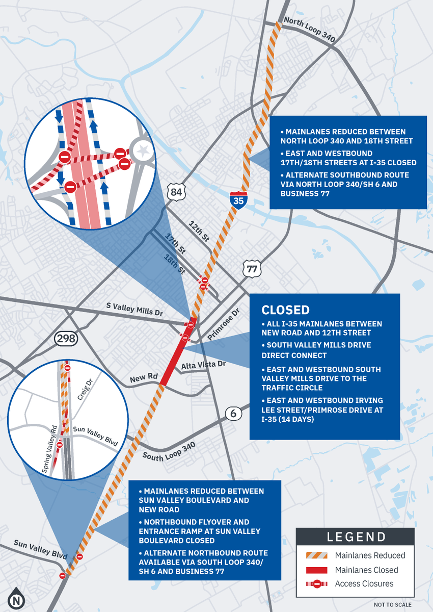 TxDOTDallas's tweet photo. HEADS UP if you have travel plans through Waco:
I-35 will close/detour b/t New Road Dr. &amp; 12th St. beginning 12 a.m. Friday, Aug. 7 for removal of a flyover (direct connect). The closure will last approximately 24 hours. Expect delays. See map for details. https://t.co/0Wxt2XxTYe https://t.co/sBgQ3RD5i1