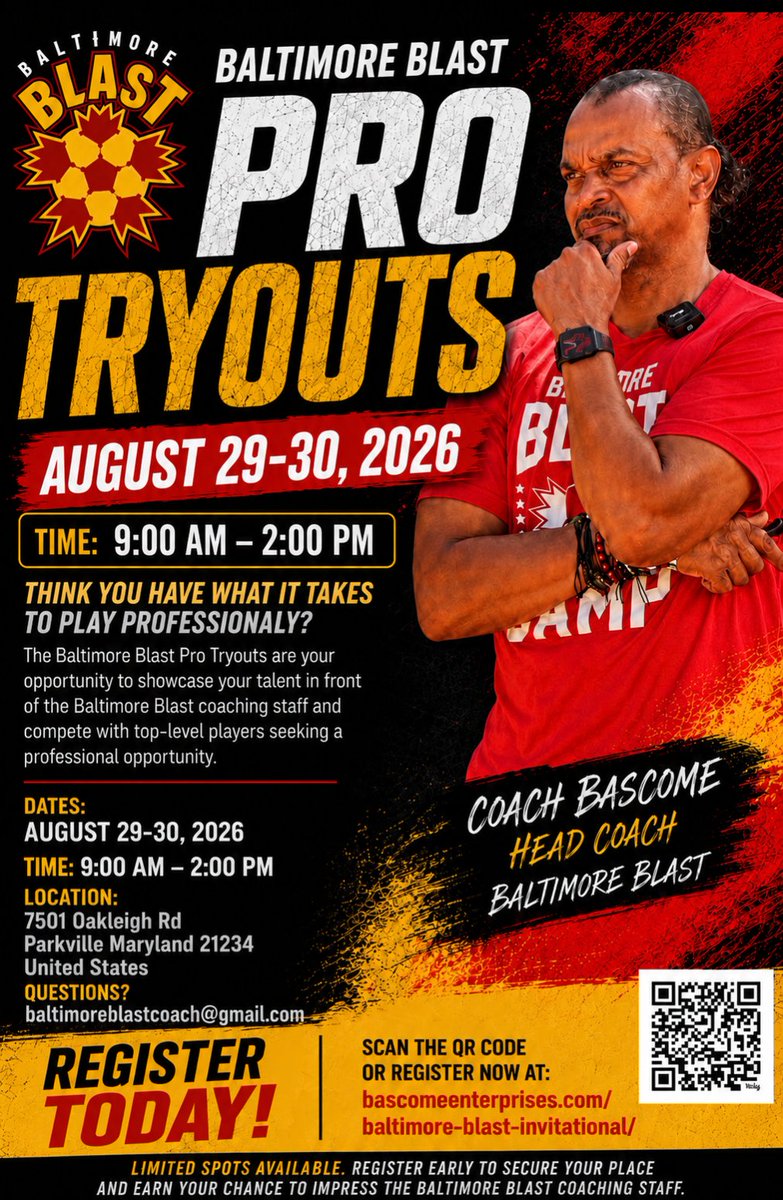 BaltimoreBlast's tweet photo. TRYOUTS ARE HERE! 🚨

📅 August 29–30, 2026
⏰ 9:00 AM–2:00 PM
📍 NERRC, 7501 Oakleigh Rd, Parkville, MD 21234

Spots are limited—register today at https://t.co/HV0sVdNgRg or scan the QR code!

#LetsGoBlast https://t.co/4KD1ERs6Yw