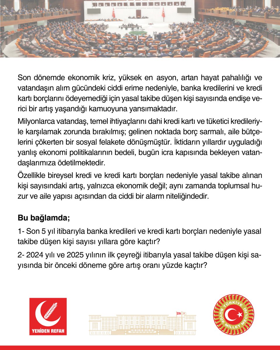 rprefahpartisi's tweet photo. Ekonomik krizin ve yanlış ekonomi politikalarının faturası vatandaşa kesildi. Yüksek enflasyon ve hayat pahalılığı nedeniyle milyonlarca kişi temel ihtiyaçlarını kredi kartı ve kredilerle karşılamak zorunda kalırken, borçlarını ödeyemediği için yasal takibe düşenlerin sayısı hızla artıyor. Borç sarmalı artık sadece ekonomik değil, aileleri ve toplumsal huzuru da tehdit eden büyük bir sosyal krize dönüşmüş durumda. Konu ile ilgili yazılı soru önergemiz, Konya Milletvekilimiz Ali Yüksel tarafından TBMM’ye sunulmuştur.