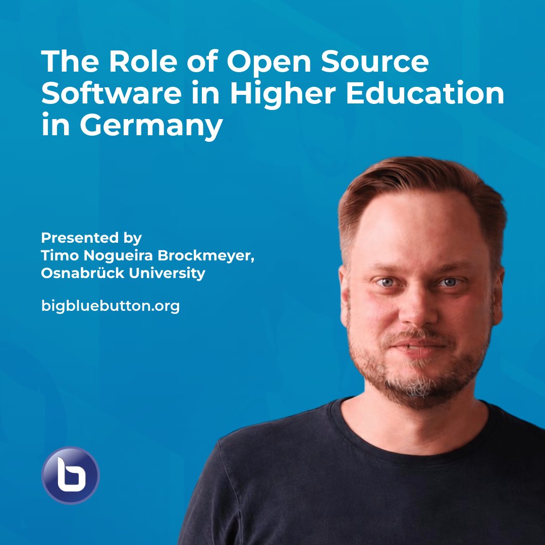 bigbluebutton's tweet photo. Why does open-source software matter for higher education — and what does it take to sustain it?

Timo Nogueira Brockmeyer of virtUOS at Osnabrück University, a longtime organizer of the German BigBlueButton community, makes the case in "The Role of Open Source Software in Higher Education in Germany."

Watch the full session 🔗 https://t.co/aq7fuwi3Zv

#BigBlueButton #BBBWorld2026 #EdTech #OpenSource #HigherEd #VirtualClassroom