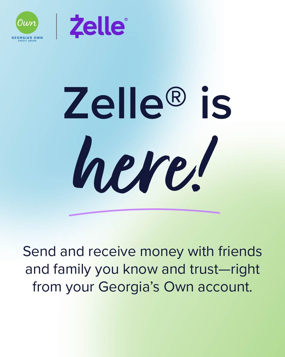 GeorgiasOwn's tweet photo. The wait is over. Zelle® is now available! Send money to friends, family, and others you know and trust—right from your Georgia’s Own account. Get started today in the Georgia’s Own app. (Available to eligible members. Terms and conditions apply.) https://t.co/m6jLSMKLe6