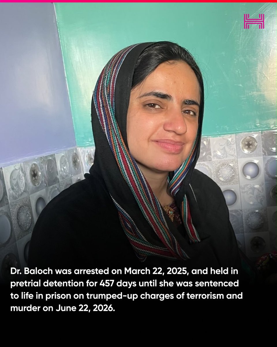 HRF's tweet photo. Together with @freedomhouse and @Hindus4HR, HRF filed a petition on behalf of Baloch human rights defender Dr. Mahrang Baloch, who is serving two life sentences on politically-motivated charges in Pakistan. https://t.co/saWCHUAtyu