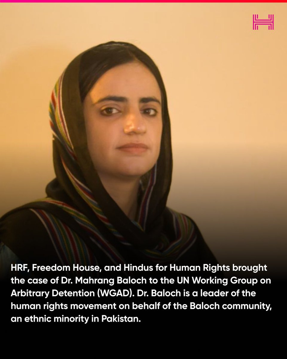 HRF's tweet photo. Together with @freedomhouse and @Hindus4HR, HRF filed a petition on behalf of Baloch human rights defender Dr. Mahrang Baloch, who is serving two life sentences on politically-motivated charges in Pakistan. https://t.co/saWCHUAtyu