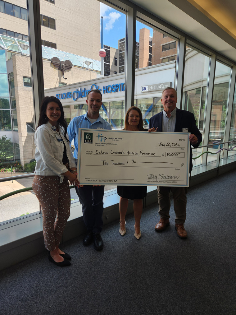 HealthCareFamCU's tweet photo. We are proud to support healthier futures for children in our community! In partnership with FHLB Des Moines, we presented a $10,000 donation to the St. Louis Children's Hospital Foundation on July 22. We're grateful for the opportunity to make a meaningful difference! https://t.co/ZBI2o9R2vJ