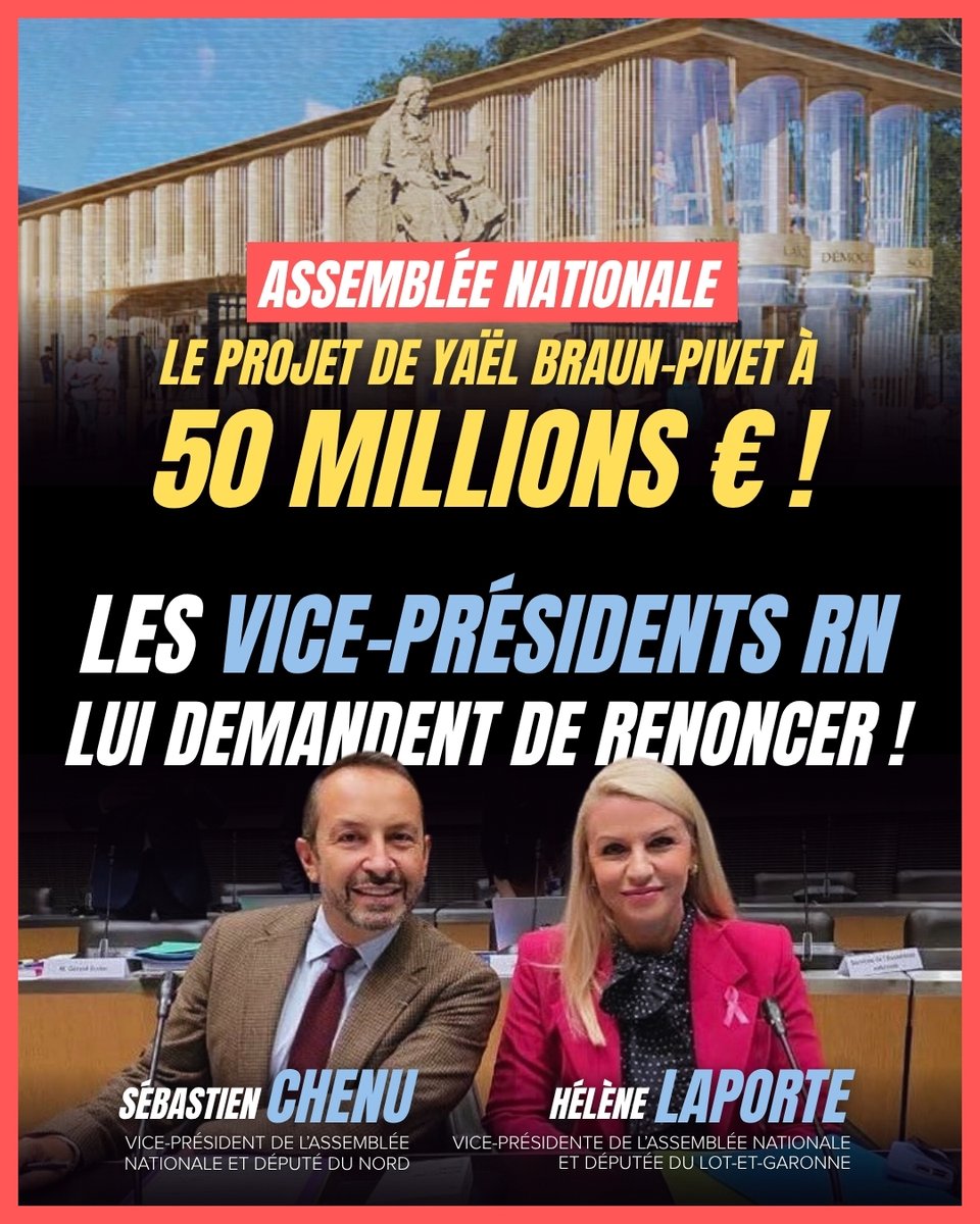 HeleneLaporteRN's tweet photo. 50 millions d'euros. C'est le coût du projet porté par Yaël Braun-Pivet, présidente de l'Assemblée nationale, qui prévoit la démolition du pavillon d'accueil de l'Assemblée nationale pour construire un nouveau bâtiment modifiant profondément la façade historique du Palais-Bourbon.

Rien ne justifie un chantier d'une telle ampleur alors que le bâtiment actuel remplit pleinement sa mission. Ce projet porterait atteinte à l'équilibre architectural d'un site emblématique, dans un contexte où nous devons tous collectivement faire des efforts budgétaires. De nombreux défenseurs du patrimoine, ainsi que des dizaines de milliers de citoyens, ont déjà exprimé leur opposition à cette opération.

Avec mon collègue @sebchenu, vice-président de l'Assemblée nationale, nous avons adressé un courrier à Yaël Braun-Pivet. Nous demandons la réunion du Bureau de l'Assemblée nationale afin qu'il puisse se prononcer à nouveau sur ce projet, contesté par de nombreux Français.