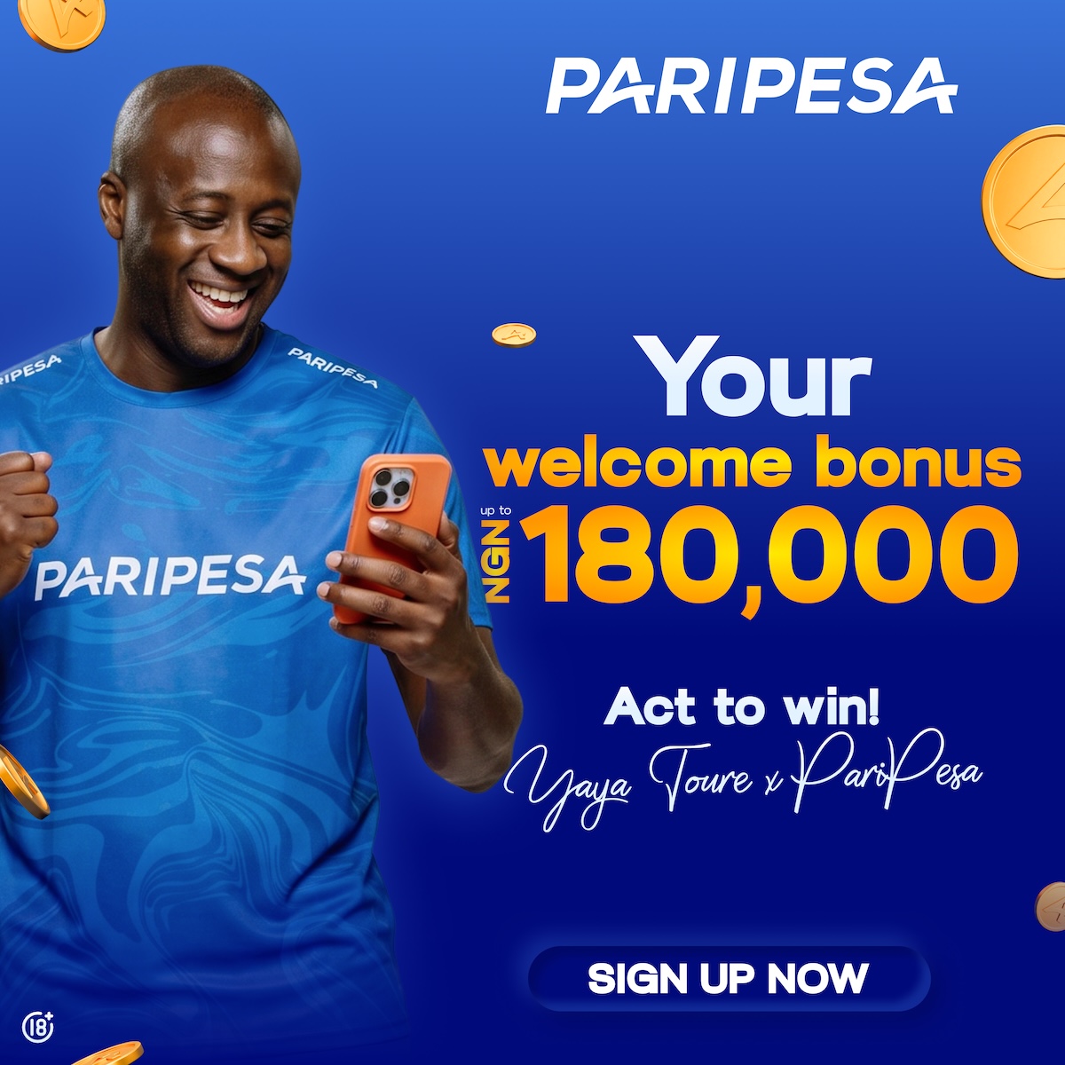 PariPesaNigeria's tweet photo. A winning offer from Yaya Touré! ⚽
Join PariPesa and unlock a betting bonus of up to NGN 180,000.

18+ | T&amp;Cs apply