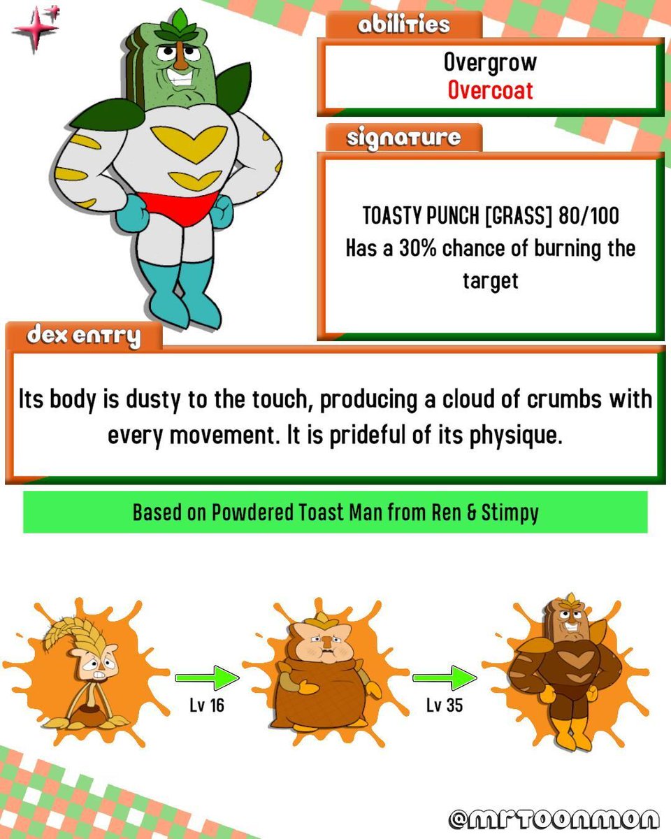 MrToonmon's tweet photo. With baguette arms and pretzel dough torso, it's a glutenous force for good! He has the chance to burn with a grass move because he's toasted. His shiny references Powdered Toast Man's real colors and moldy bread.
#fakemon #nickelodeon https://t.co/sUJSKeoCzY