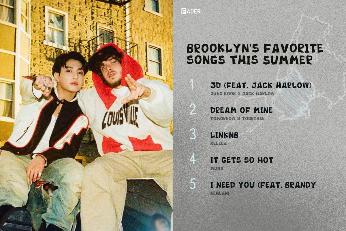 dailyjkpraise's tweet photo. According to Spotify data updated by  renowned New York based magazine THE FADER, Jungkook's 3D (feat Jack Harlow) was the most streamed song in Brooklyn throughout the summer of 2026.

It once again proves Jungkook’s insane popularity in the US and the global music market. https://t.co/d2yppnIiml