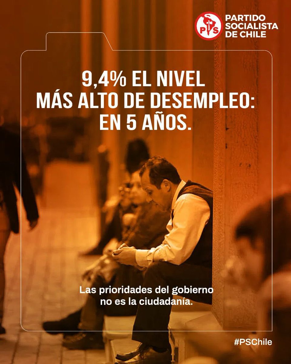 PSChile's tweet photo. 9,4% de desempleo. El nivel más alto en 5 años y el Gobierno sigue mirando para el lado.
¿Qué piensas tú? ¿Las prioridades están mal puestas? Déjanos tu opinión. 👇
#PSChile #ElPSPiensaEnChile #ElPSTeDefiende https://t.co/3SXrocgE07