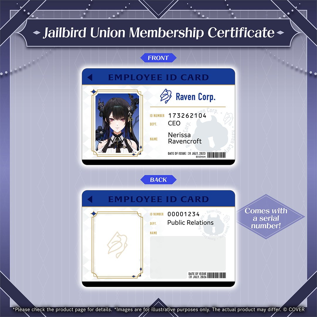nerissa_en's tweet photo. Your Raven Corp. ID card is here! Each card comes with an ID number unique to you~ so, will you grab yours?

▼ hololive production OFFICIAL SHOP 
JP: https://t.co/HZyaUU5Jhu 
EN: https://t.co/K5JLUudLrY  
▼ Geek Jack 
EN: https://t.co/DV6yjeEovv 
CH: https://t.co/QfETdfAZva https://t.co/Fs5rZSd6fK