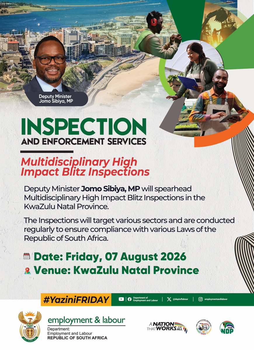 DmJomo's tweet photo. On Friday, 07 August 2026, We will spearhead our Multidisciplinary High Impact Blitz Inspections in KwaZulu Natal Province.

@GovernmentZA
#Yazini #ServicedeliveryZA #GovZAUpdates #WomensMonth2026 https://t.co/l9zkKW8iVW