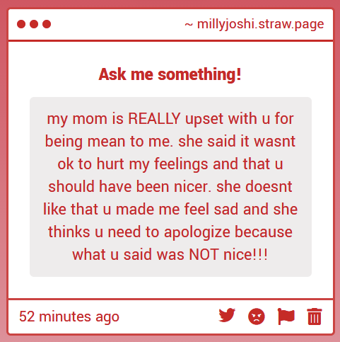 millyjoshi's tweet photo. eh? i'm sorry i really don't know who this could be about... i can't recall being mean to someone but i'm sorry to you if i was. i can't recall saying anything

and i'm also not sure why i would care abt what a random mom thinks about me? (´･ω･`)? https://t.co/iourFTPHcu