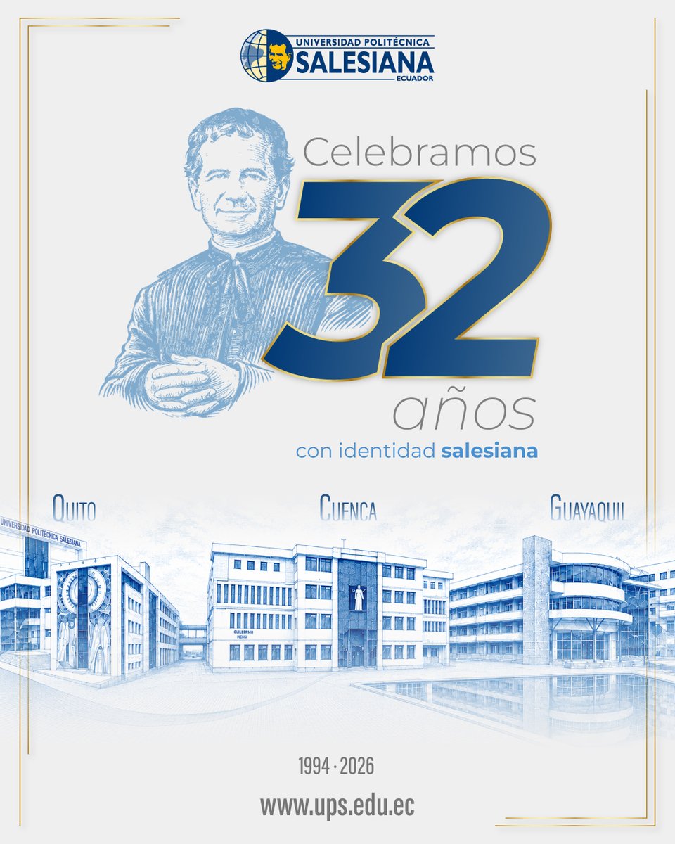 upsalesianaec's tweet photo. 💙💛 Hoy celebramos #32Años de una historia construida con #educación, #innovación y #compromiso con la sociedad.

🎓 Desde 1994, la UPS ha formado generaciones de profesionales con excelencia académica, inspirados en el legado de #DonBosco y en los valores salesianos que nos impulsan a transformar vidas y aportar al desarrollo del #Ecuador.

🤝 Gracias a nuestros estudiantes, graduados, docentes, colaboradores y aliados estratégicos por ser parte de este camino. Sigamos construyendo juntos un futuro con más conocimiento, humanidad y oportunidades.

🎉 ¡Felices 32 años!

#UPSEcuador #32AñosUPS #OrgulloSalesiano #EducaciónQueTransforma #SalesianosEcuador #FamiliaSalesiana