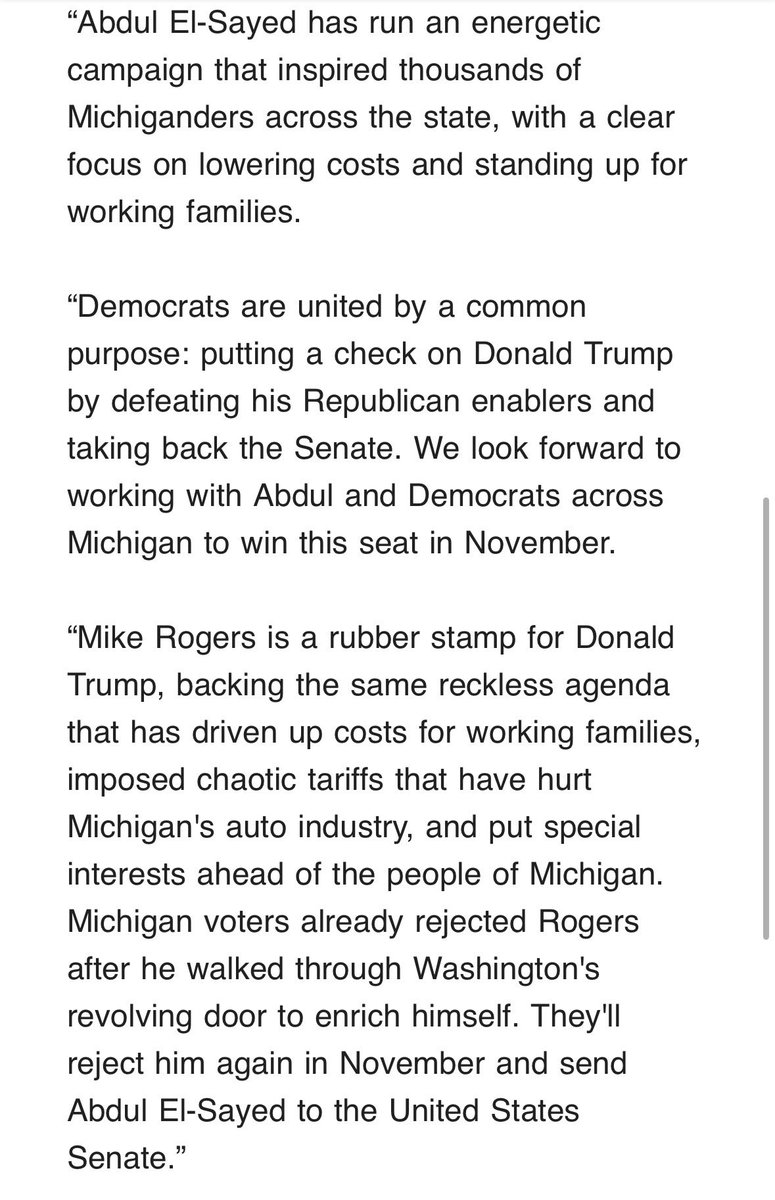 IAPolls2022's tweet photo. JUST IN: Chuck Schumer endorses Abdul El-Sayed for Michigan Senate, calls Mike Rogers a “rubber stamp for Donald Trump https://t.co/abPrV928pw